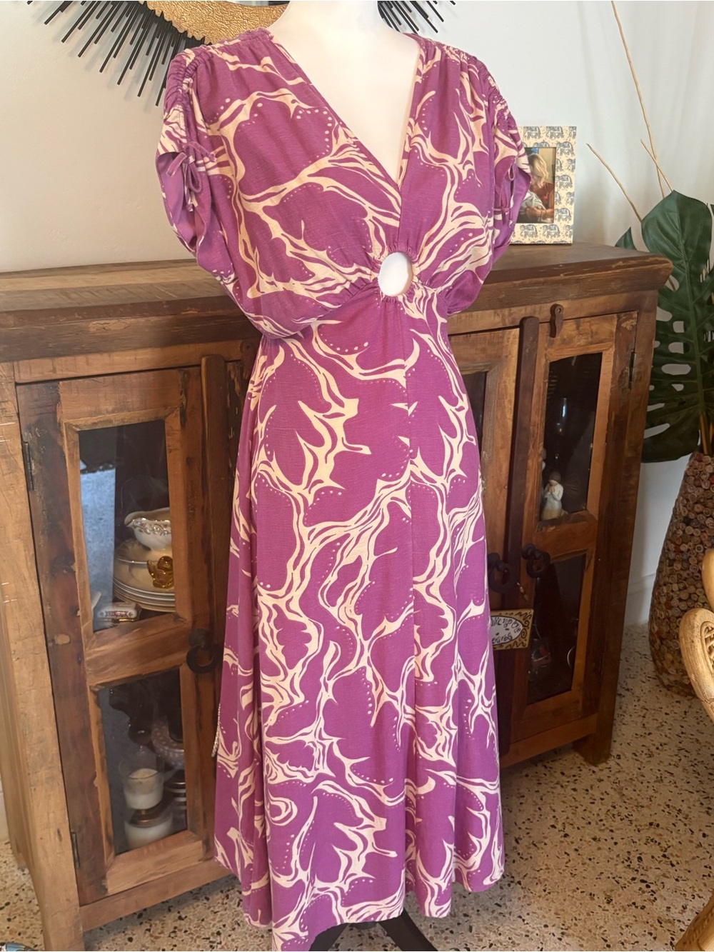 SINCERELY JULES Purple & Cream Print Linen Blend MIDI Dress with cutouts! EUC. S